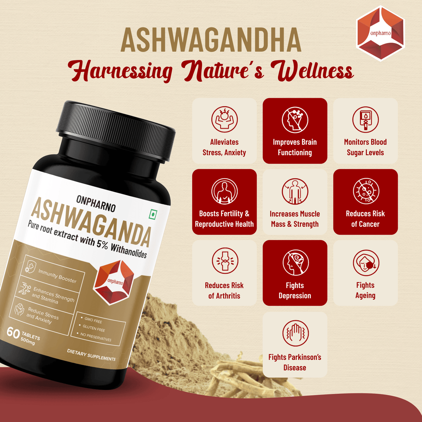 Ashwagandha Tablets with 5% Withanolides | Stress Relief & Stamina - Onpharno
