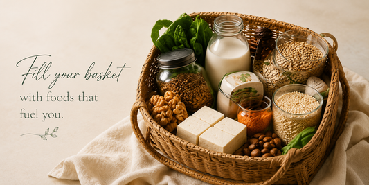 Healthy plant-based protein foods arranged in a rustic basket, including tofu, oats, spinach, lentils, nuts, seeds, and milk, with an inspiring healthy eating quote on a soft beige background.