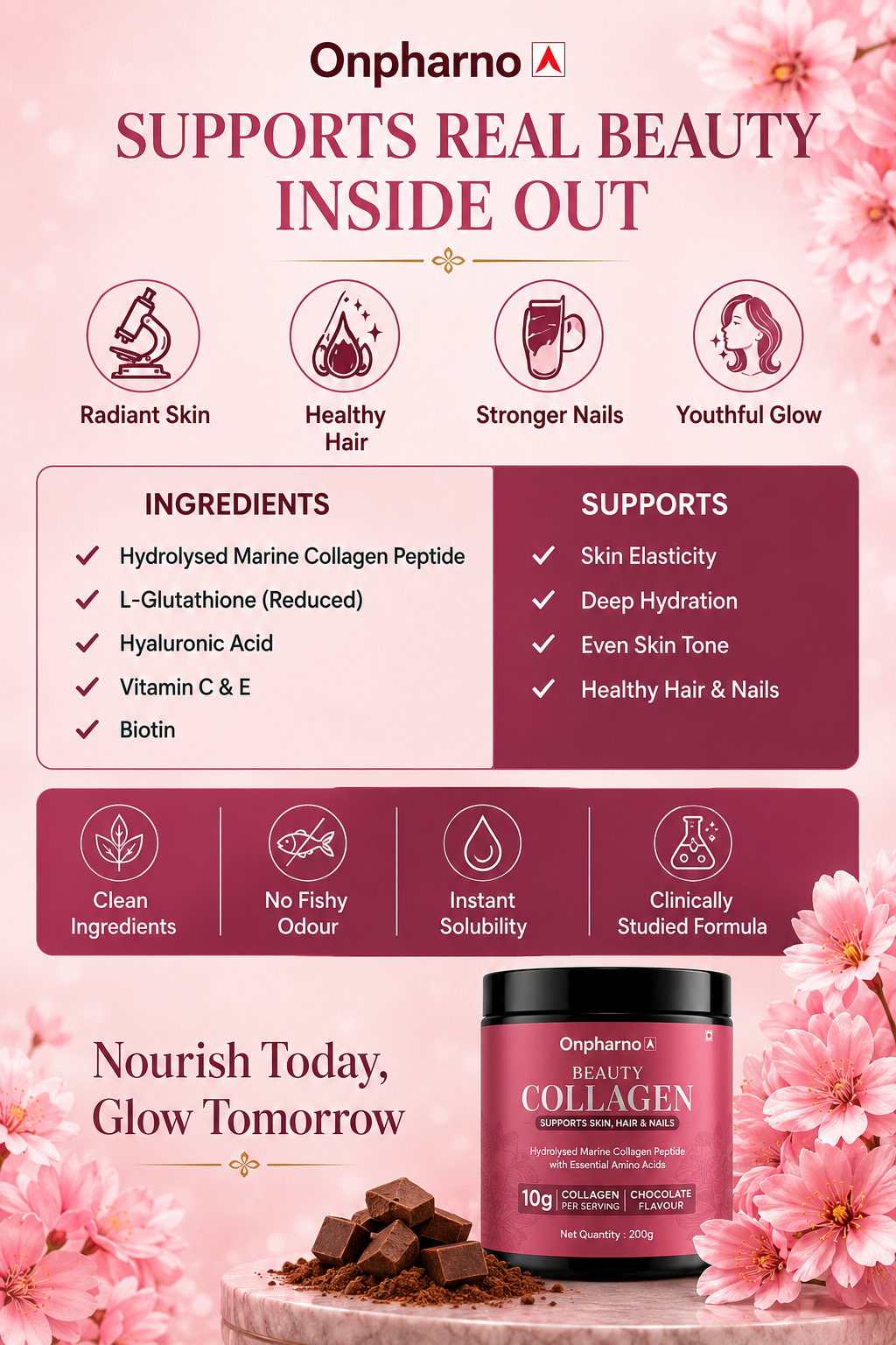 Beauty Collagen Powder with glutathione, hyaluronic acid, biotin & Vitamins C & E | For Better Skin, Hair & Nails